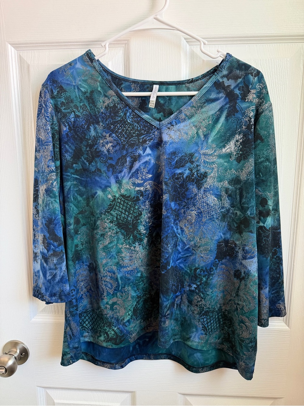 White Stag Women's Teal Blue Abstract V-Neck  Top